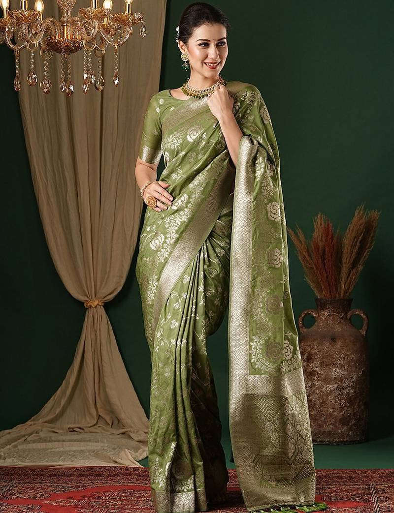 olive ethnic motifs zari georgette kanjeevaram saree