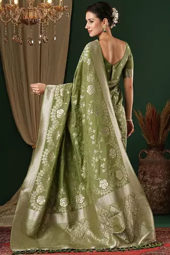 olive ethnic motifs zari georgette kanjeevaram saree