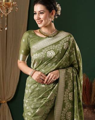 olive ethnic motifs zari georgette kanjeevaram saree 4
