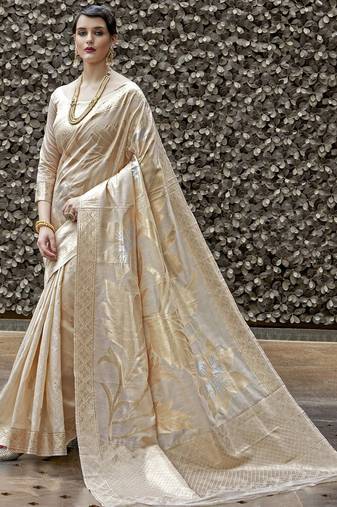 cream-coloured & gold-toned floral woven design zari banarasi silk blend saree