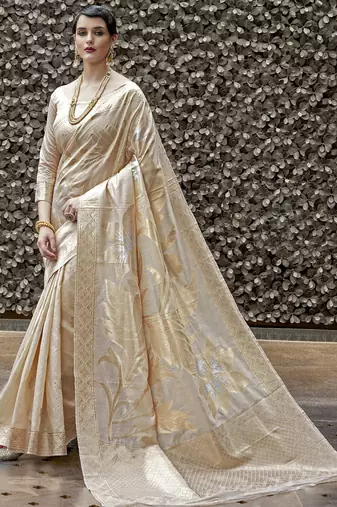 cream-coloured & gold-toned floral woven design zari banarasi silk blend saree