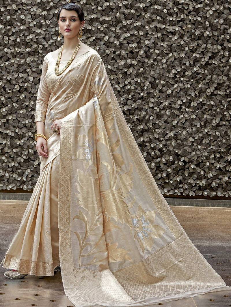 cream-coloured & gold-toned floral woven design zari banarasi silk blend saree