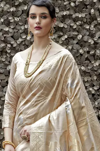 cream-coloured & gold-toned floral woven design zari banarasi silk blend saree