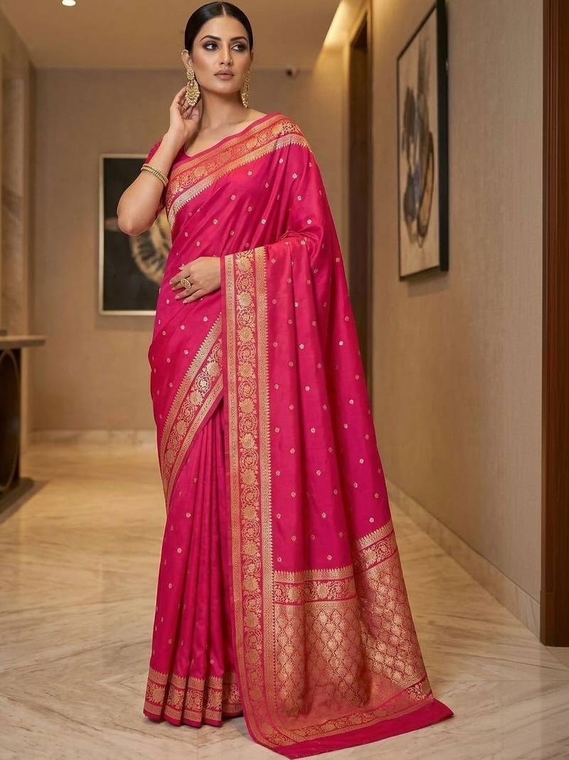 Pink woven design zari silk blend designer banarasi saree