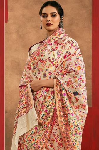 Cream floral printed silk cotton saree