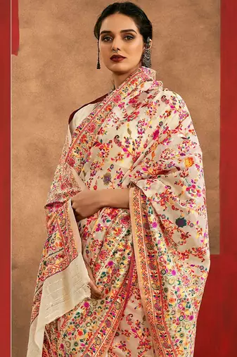 Cream floral printed silk cotton saree