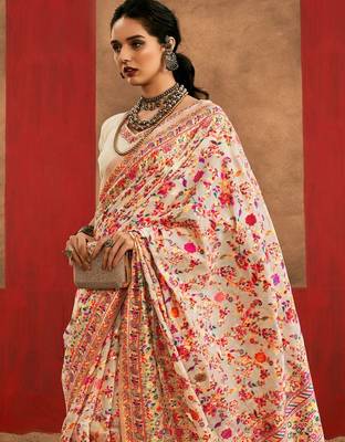 Cream floral printed silk cotton saree 3