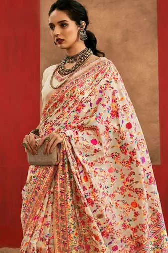 Cream floral printed silk cotton saree