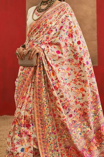 Cream floral printed silk cotton saree