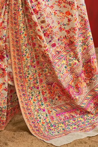 Cream floral printed silk cotton saree