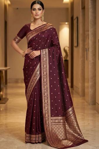 Maroon woven design zari silk blend designer banarasi saree