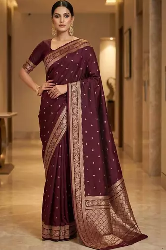 Maroon woven design zari silk blend designer banarasi saree