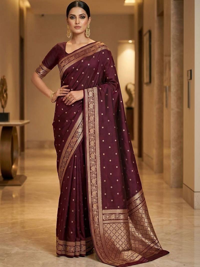 Maroon woven design zari silk blend designer banarasi saree