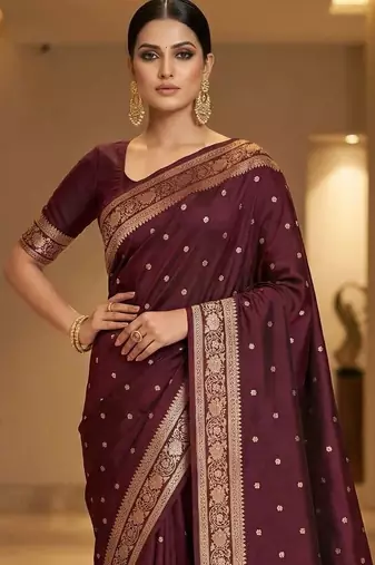 Maroon woven design zari silk blend designer banarasi saree