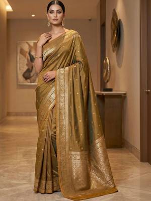 Olive woven design zari silk blend designer banarasi saree 1