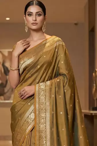 Olive woven design zari silk blend designer banarasi saree
