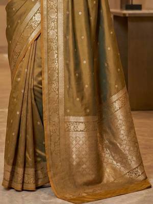 Olive woven design zari silk blend designer banarasi saree 3
