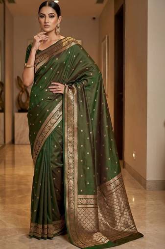 Green woven design zari silk blend designer banarasi saree