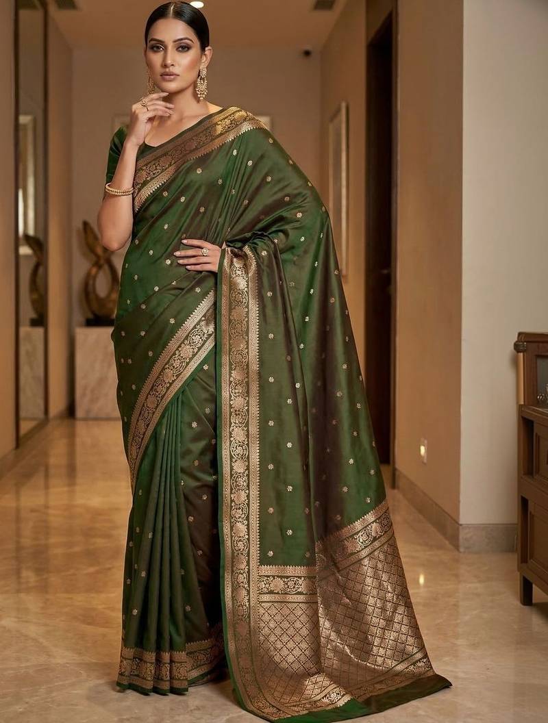 Green woven design zari silk blend designer banarasi saree