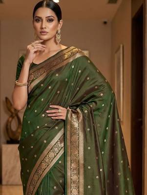 Green woven design zari silk blend designer banarasi saree 2