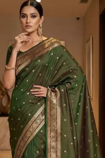Green woven design zari silk blend designer banarasi saree