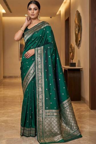 Green woven design zari silk blend designer banarasi saree