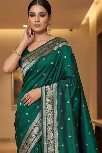 Green woven design zari silk blend designer banarasi saree