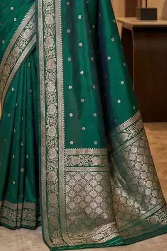 Green woven design zari silk blend designer banarasi saree