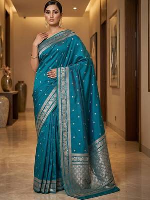 Teal zari silk blend designer banarasi saree 1