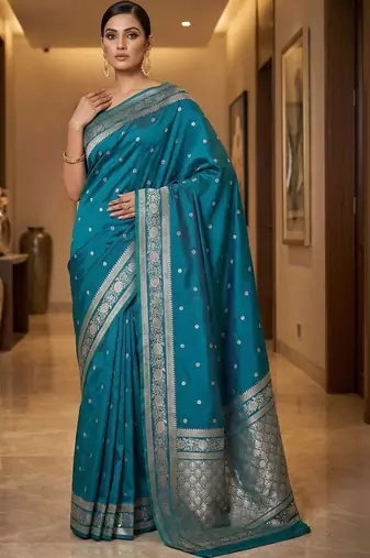 Teal zari silk blend designer banarasi saree