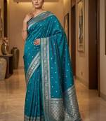 Teal zari silk blend designer banarasi saree