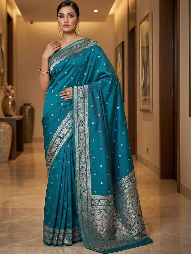 Teal zari silk blend designer banarasi saree