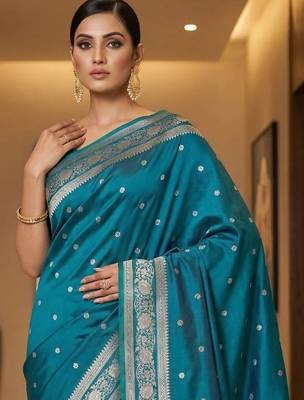 Teal zari silk blend designer banarasi saree 2