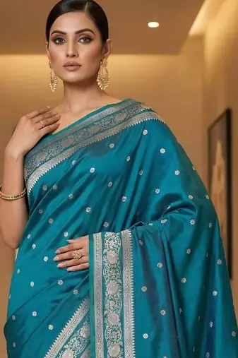 Teal zari silk blend designer banarasi saree