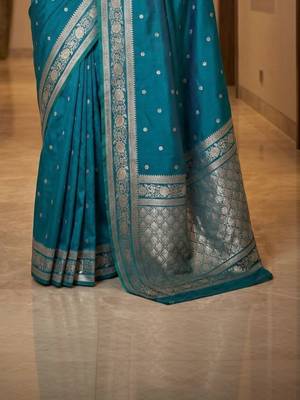 Teal zari silk blend designer banarasi saree 3