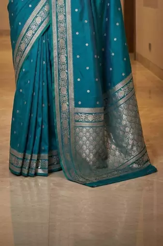 Teal zari silk blend designer banarasi saree