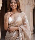 beige embellished floral ready to wear organza designer saree