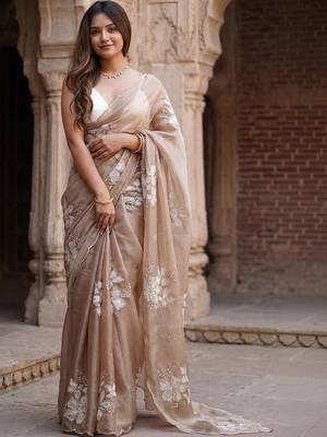 beige embellished floral ready to wear organza designer saree 2