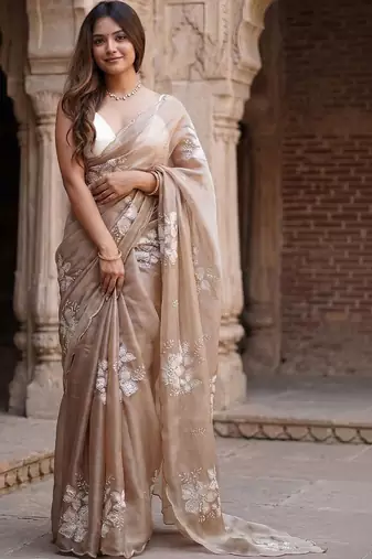 beige embellished floral ready to wear organza designer saree