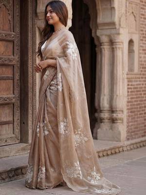 beige embellished floral ready to wear organza designer saree 3