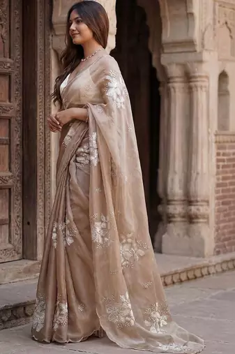 beige embellished floral ready to wear organza designer saree