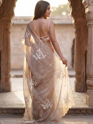 beige embellished floral ready to wear organza designer saree 5
