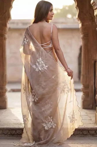 beige embellished floral ready to wear organza designer saree