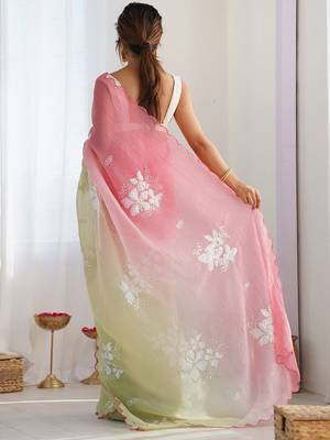 pink embellished sequinned chiffon saree 4