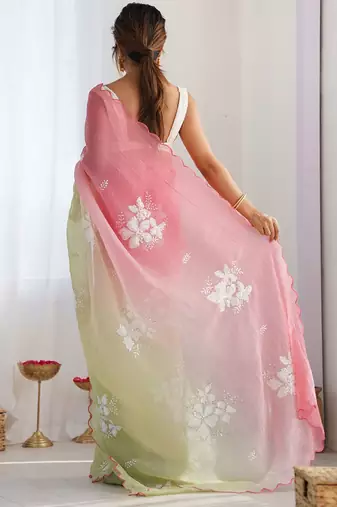 pink embellished sequinned chiffon saree