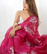 pink ethnic motifs sequinned organza saree