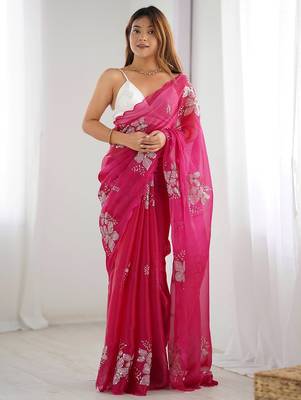 pink ethnic motifs sequinned organza saree 2