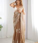 beige embellished floral sequinned organza saree