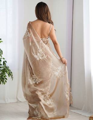 beige embellished floral sequinned organza saree 2