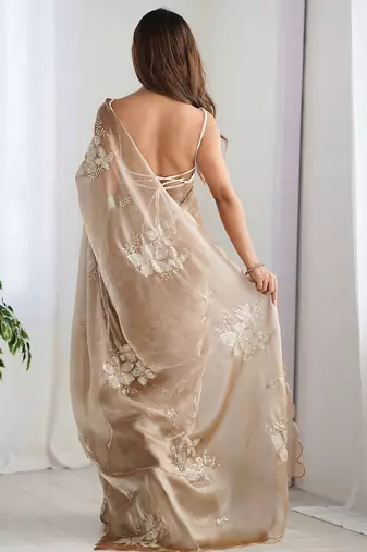 beige embellished floral sequinned organza saree